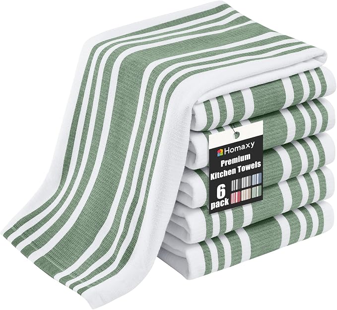 Homaxy Premium Cotton Stripe Kitchen Towels 6 Pack, 18"x 28", Grass Green | Large 380 GSM Kitchen Hand Towels, Soft Terry Dish Towels, Highly Absorbent Tea Towel Set with Hanging Loop