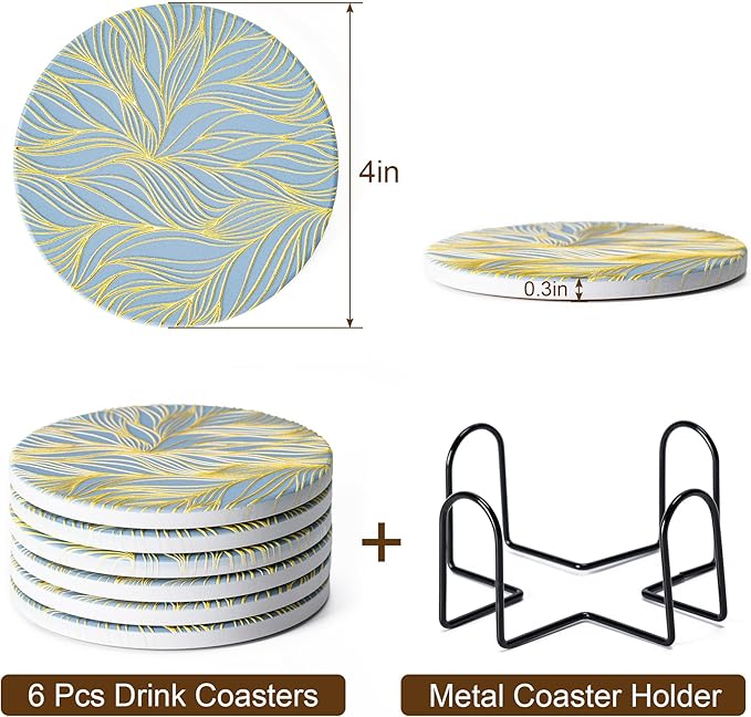 6Pcs Absorbent Coasters Set with Holder,Ceramic Drink Coaster,4 in（A7） | Marble Style Ceramic Drink Coaster,Suitable for Kinds of Cups,Modern Style Coaster for Coffee Table