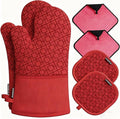 Oven Mitts and Pot Holders Sets 6pcs, Kitchen Oven Glove,High Heat Resistant 550 Degree Extra Long Oven Mitts and Potholders with Non-Slip Silicone Surface for Home Essentials (Grey) (Coral Red)