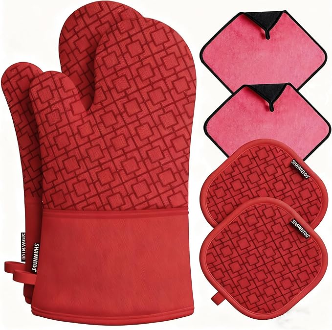 Oven Mitts and Pot Holders Sets 6pcs, Kitchen Oven Glove,High Heat Resistant 550 Degree Extra Long Oven Mitts and Potholders with Non-Slip Silicone Surface for Home Essentials (Grey) (Coral Red)