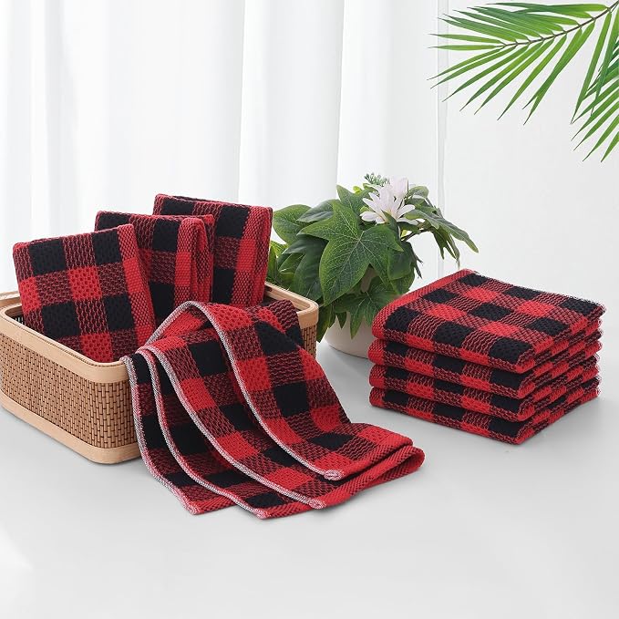 Homaxy Kitchen Towels and Dishcloths Set, Set of 8, Red & Black | Bulk Cotton Waffle Weave Check Plaid Kitchen Towels, Super Soft and Absorbent Dish Cloths, 12 x 12 and 13 x 28 Inches