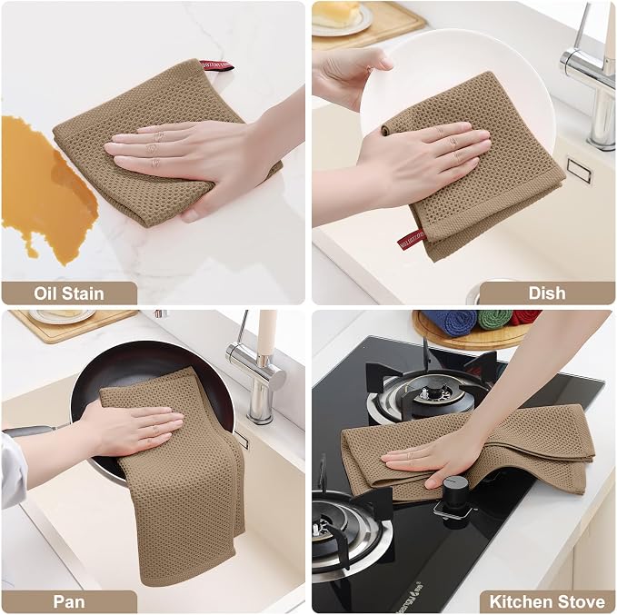 Homaxy 10 Pack 100% Cotton Kitchen Towels and Dishcloths Set, Tan | 12 x 12 Inches and 13 x 28 Inches Kitchen Towels Set, Ultra Soft Absorbent Dish Cloths for Washing Dishes