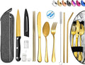 Stainless Steel Travel Utensil Set with Case - Portable Flatware Cutlery, Chopsticks, Straw - Gold