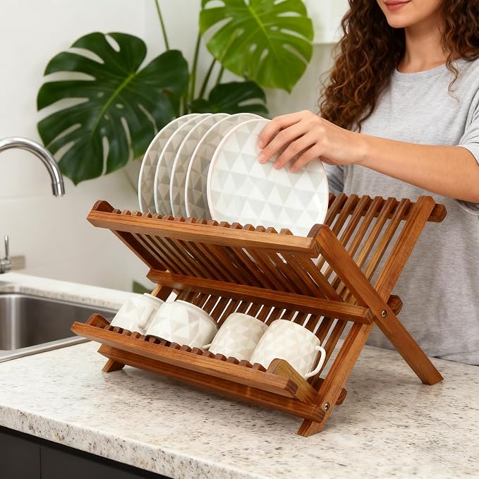Utoplike Teak Wood Dish Drying Rack, Foldable Plate Organizer Countertop | Dishes Drainer Racks Collapsible, Small Holder for Cups, Bowls, Pans, Pots, Compact Kitchen Counter, 2 Tier, Space Saving