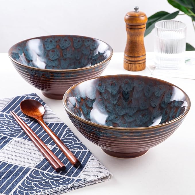 Ceramic Japanese Ramen Bowl Set, 2 Sets Asian Pho Udon Soup Noodle Bowls with Spoons and Chopsticks (Peacock Green, 8 inches)