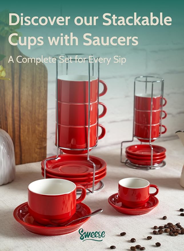 Sweese 2.5 Ounce Porcelain Stackable Espresso Cups with Saucers and Metal Stand Set of 4, Red