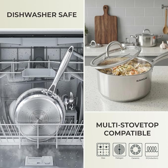 SUNHOUSE 3 QT Sauce Pan with Lid, Full Clad 3-Ply Stainless Steel Saucepan | Small Cooking Pot & Milk Pan - Induction Compatible - PFOA Free, Oven & Dishwasher Safe, Stay-Cool Handle