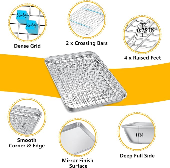 P&P CHEF 9 Inch Toaster Oven Pan Tray with Wire Rack, 2 PCS | Baking Sheet Pan + Cooling Rack for Cooking/Roasting, Dishwasher Safe & Rust Free, Non-toxic & Sturdy