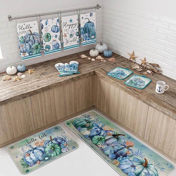 Fanfanwin 10 Pcs Fall Blue Pumpkin Kitchen Decor Set Kitchen Towels Pot Holders Oven Mitts and Rugs Set Thanksgiving Ocean Decoration for Cooking Baking Gift Harvest Autumn Home Decor