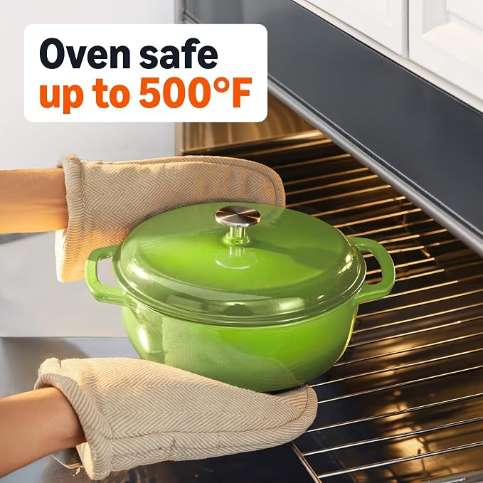 Amazon Basics Enameled Cast Iron Dutch Oven Pot with Lid, Round, Dual Handles, Heavy-Duty, Oven Safe for Stews, Roasting, Baking, 6-Quart, Green