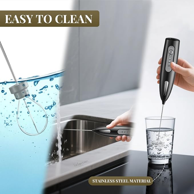 Electric Milk Frother, Three speed adjustment, USB Rechargeable Cordless Hand Blender with Sticky Stand Included, Portable Kitchen Stainless Steel Egg Beater, Mixed Drinks, Coffee Stirrers (Black set)