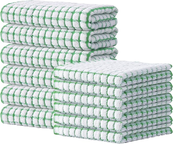 Kitinjoy Cotton 12 Pack Kitchen Towels and Dishcloths Sets, Green | 16 x 25 Inch & 12 X 12 Inch Dish Towels Bulk, Super Soft and Absorbent hand towels for kitchen Drying