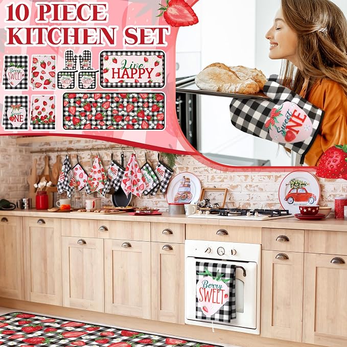 Fourluoo 10 Pcs Strawberry Farmhouse Kitchen Decor Set Dish Towels Kitchen Rugs Oven Mitts and Pot Holders Set for Cooking Baking Grilling Women Mom Daughter Gift (Mixed Color)