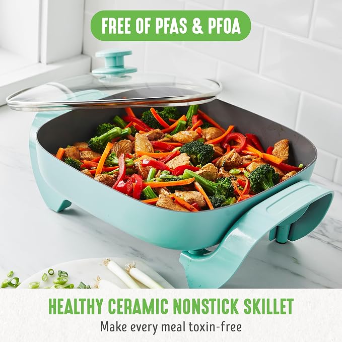 GreenLife 12" 5QT Electric Skillet, Turquoise | PFAS-Free Ceramic Nonstick Coated Interior, Glass Vented Lid, Temperature Control, Dishwasher Safe, Pancakes, Eggs, Bacon