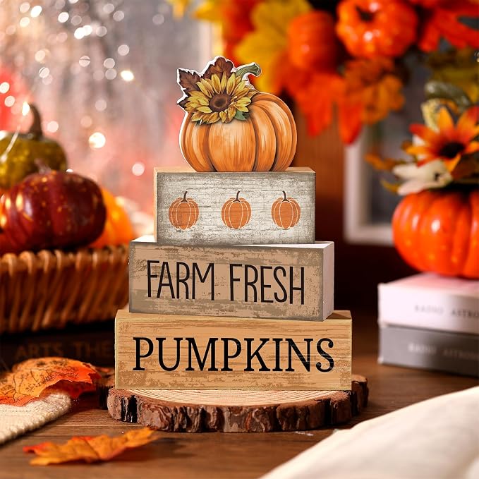 Lineshading 4 Pcs Fall Tiered Tray Decor, Pumpkin Sunflower Wood Sign | Rustic Farmhouse Wooden Block Signs, Farm Fresh Pumpkins Text, For Fall Home Shelves, Mantel, Table, School Events