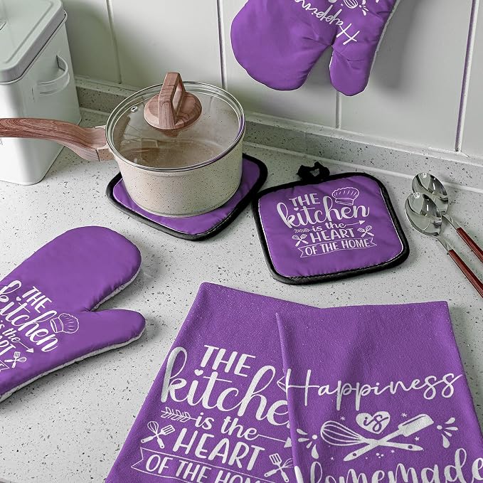 Sratte 6 Pcs Kitchen Decor Accessories Set, Kitchen, Purple | Farmhouse Kitchen Towels Pot Holders Oven Mitts Set 2 Dish Towels 2 Potholders 2 Cooking Mittens for Baking Cooking Supply