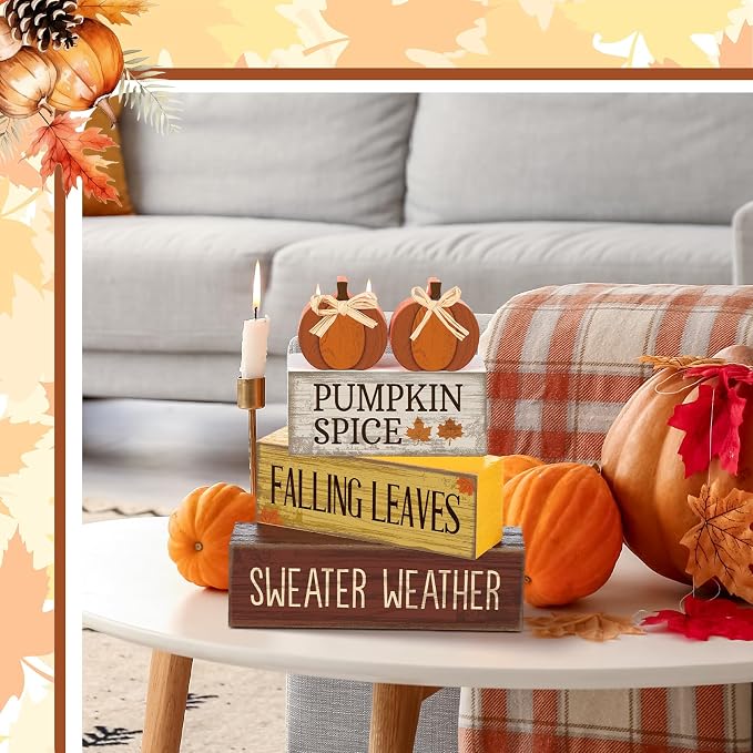 Lineshading 4 Pcs Fall Pumpkin Decor Fall Table Decoration Thanksgiving | Rustic Block Signs with Fall Sayings, Tiered Tray Farmhouse Decor for Autumn Table, Wood Pumpkins Topper with Jute Bows
