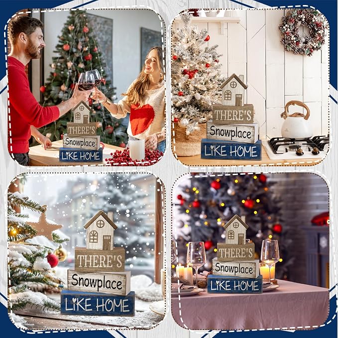 Lineshading 4 Pcs Wood Block Signs Farmhouse Tiered Tray Stacked House | Rustic Tabletop Signs with Winter Sentiment, Stackable for Shelf or Mantel, Seasonal Home Accent, Distressed Finish