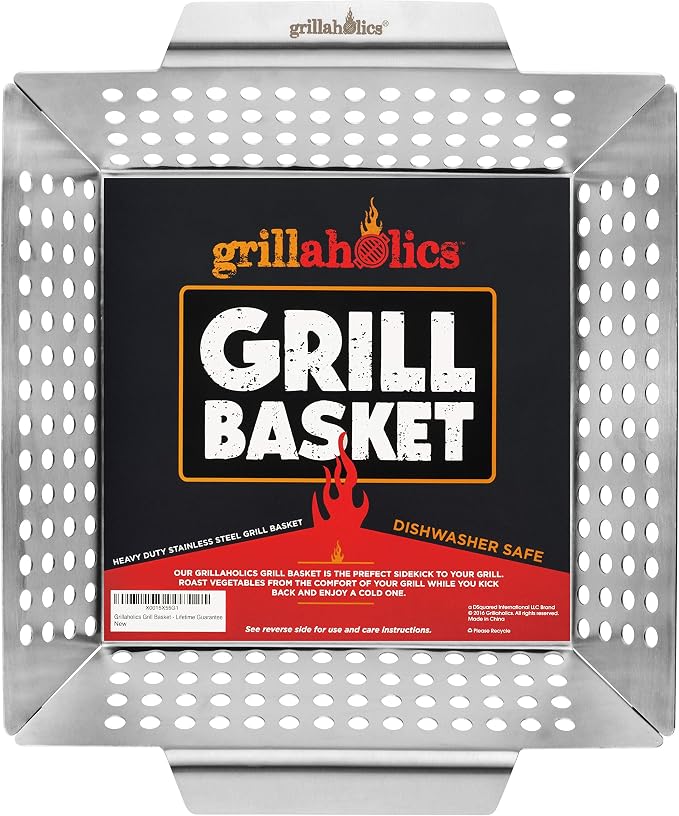 Grillaholics Grill Basket for Outdoor Grill - Durable Premium Stainless Steel Vegetable Grill Basket - XL Family Size BBQ Grill Basket - Perfect Grilling Accessories for Veggies, Fish, Shrimp & Kebabs | Family-Sized | Dishwasher Safe | Stainless Steel ...