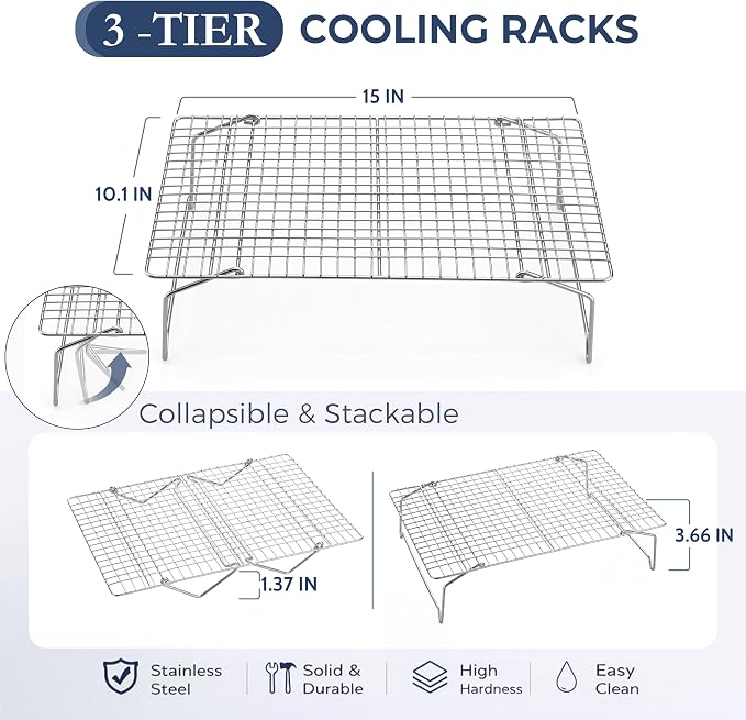 E-far Cooling Rack 15”x10”, 3-Tier Collapsible for Cooking and Baking | Tight-Wire Stainless Steel Cookie Rack for Baking Sheet, Oven, Roasting, Stackable & Space Saving, Dishwasher Safe