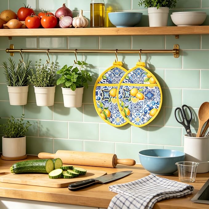 AnyDesign 2Pcs Yellow Lemon Pot Holders Heat Resistant Cotton Hot Pad Non-Slip Potholder Oven Mitt Blue Porcelain Floral Trivet Mat for Kitchen Cooking Baking, 7" x 9"
