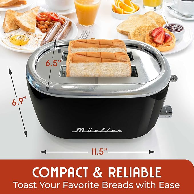 MUELLER HOME Retro Toaster 2 Slice, 7 Browning Levels | 3 Functions (Reheat, Defrost, Cancel), Stainless Steel Features, Removable Crumb Tray, Under Base Cord Storage,