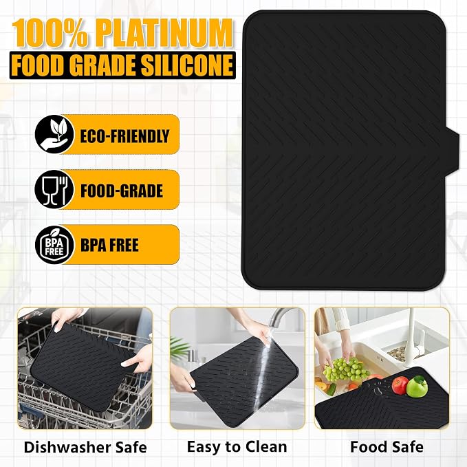Silicone Dish Drying Mat with Built-in Drain Lip - Hygienic Drying Pad - Sturdy Compact Easy to Clean Tray Protects Surfaces Prevents Water Build Up - 23 X 17 (Black)