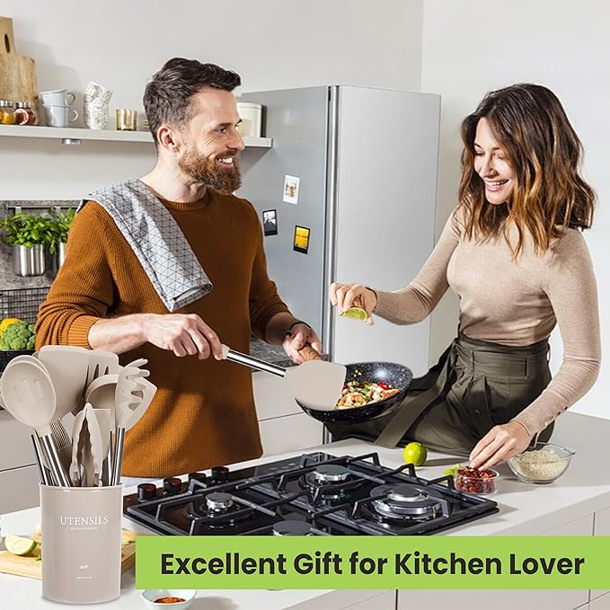 Cooking Utensils Set, 35Pcs Silicone Kitchen Utensils Set with Holder, 446°F Heat Resistant Food Grade Spatula Set, BPA Free Kitchen Gadgets for Non-stick Cookware, Easy to Clean (Khaki)
