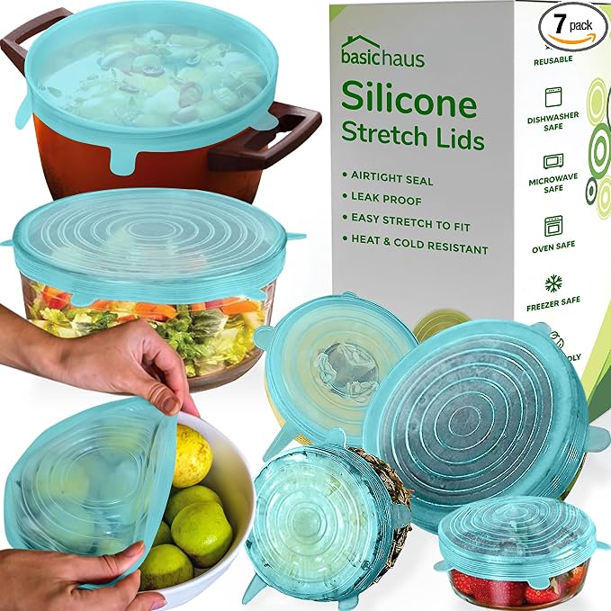 Reusable Silicone Stretch Lids for Food Storage in Fridge - Elastic Heat-Resistant Bowl Covers, Cups, Cans, Jars - Universal Food Grade Lid for Round and Rectangle Containers -7 Pack - Midnight Teal