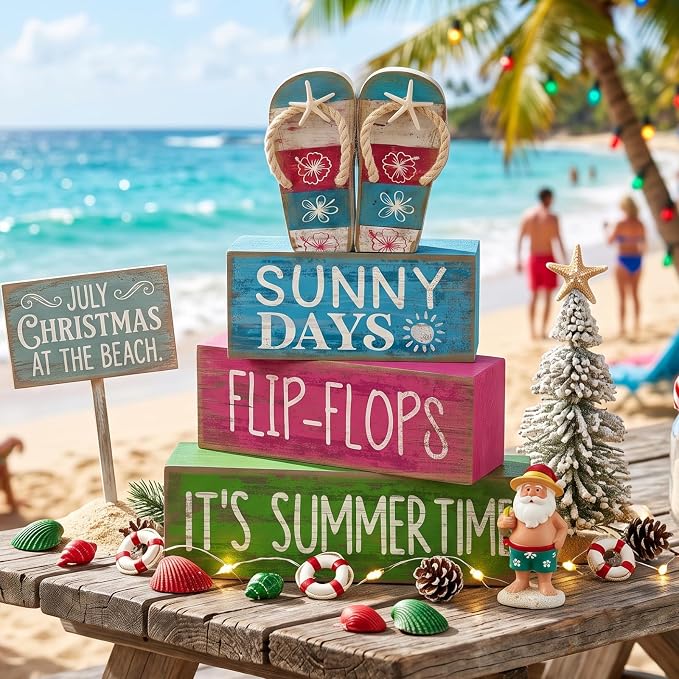 Lineshading 4 Pcs Flip Flop Beach Summer Wooden Block Signs Table Decor | Coastal Tiered Tray Decorations, Farmhouse Rustic Tabletop Display, Flip Flop Theme with Sayings Sunny Days Summertime