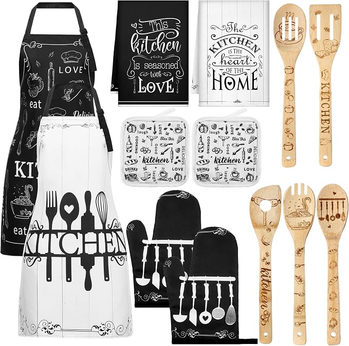 13 Pcs Christmas Kitchen Sets Christmas Aprons Oven Mitts and Pot Holders Dish Towels Wooden Spoons for Xmas Gifts(Black White, Kitchen)