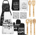 13 Pcs Christmas Kitchen Sets Christmas Aprons Oven Mitts and Pot Holders Dish Towels Wooden Spoons for Xmas Gifts(Black White, Kitchen)