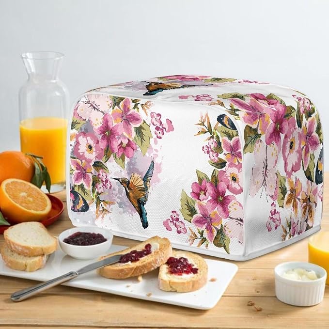 Hummingbird Flower Toaster Cover 4 Slice Fits for Most Standard Carrying Toaster, Anti-Dust Small Appliance Cover, Washable Kitchen Broiler Cover