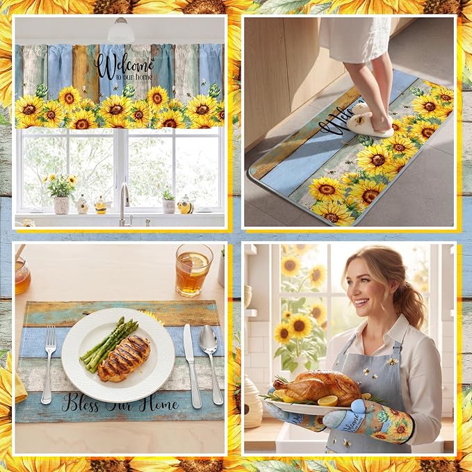 Fourluoo 16 Pcs Sunflower Kitchen Decor Set Kitchen Towels Non Slip Rugs and Mats Oven Mitts Gloves Pot Holders Placemats Curtains for Decor Gift