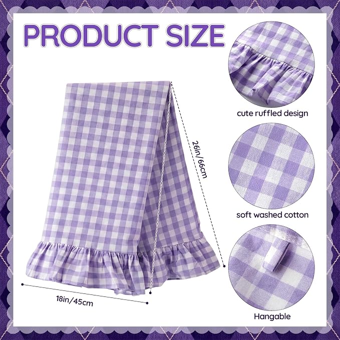 HunnmingRe 2 Pcs Purple Gingham Kitchen Towels Cotton Ruffled | Checked Dish Towels 18"x28" Tea Cloths Plaid Cottage Core Kitchen Decor for Farmhouse Charm Drying Dishes Entertaining Guests