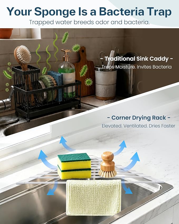 Ohuhu Corner Sink Strainer, Sponge Holder for Kitchen Sink Organizer - Silicone Wrapped Steel Anti Slip Rust Triangle Over the Sink Roll-UP Dish Drying Rack Caddy Kitchen Sink Accessories