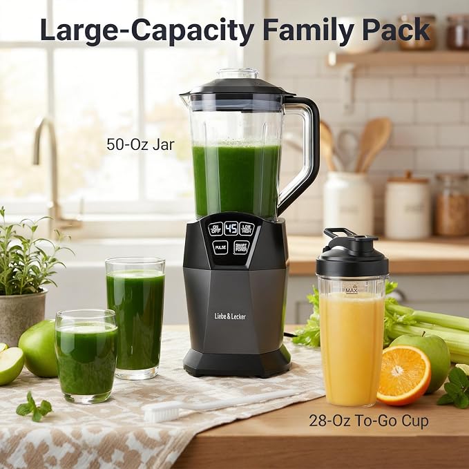 Liebe&Lecker 1200W Smoothie Blender, 50oz Juicer Machines | Milkshake Maker with 50-Oz Jar, 28-oz To-Go Cups & Spout Lids, or Frozen Drinks, Meal Prep, Zero BPA