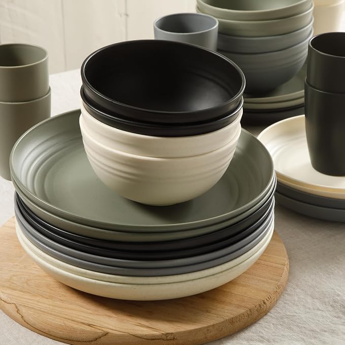 Gibson Home Plates and Bowls Set, 32 Piece Wheat Straw Dinnerware for 8 | Carmel Haze Collection - Dishes, Dishware, Matte, 4 Assorted Colors, Tumblers, Unbreakable, Lightweight, Dishwasher Safe