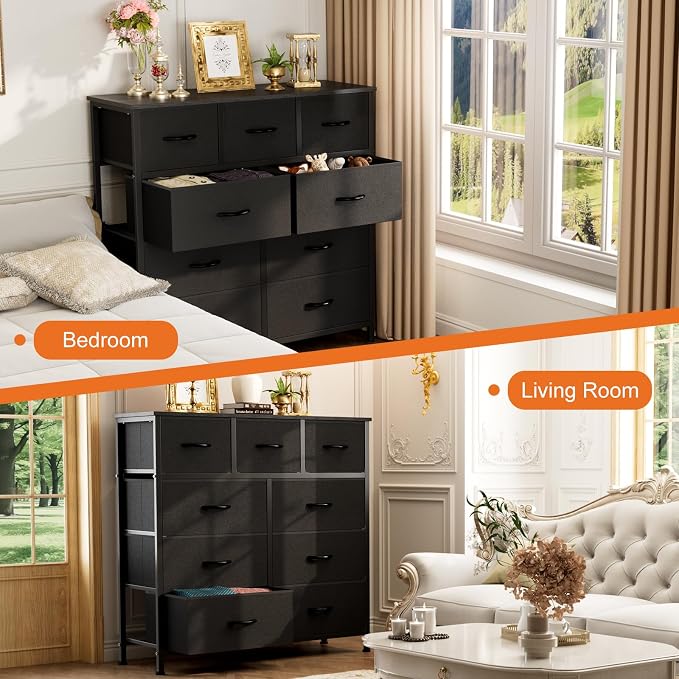 Sweetcrispy 9-Drawer Fabric Dresser Storage Tower with Wood Top, Black | Sturdy Steel Frame with Wood-top, Easy-pull Handle, Space-Saving Organizer Chest for Bedroom, Closet, Lightweight and Stable