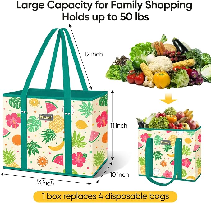 BALEINE 3PK Reusable Grocery Bags, Heavy Duty Shopping Tote Bag | 12'' Long Handles, Reinforced Bottom Keeps Upright, Fold Flat Storage, Water-Resistant Shopping Bag, Multiple Color Options