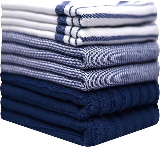Premium Kitchen Towels 6 Pack 100% Cotton 20"x28" Dish Towels Navy Striped | Large Flat & Terry Kitchen Linen Set with Hanging Loops, Highly Absorbent for Washing and Drying Dishes
