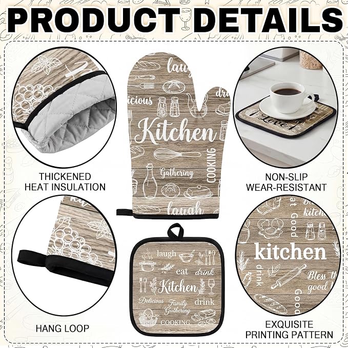 10 Pcs Kitchen Decor and Accessories Set, Farmhouse Brown | Rustic Wood Baking 4 Dish Towels Kitchen Rugs 2 Oven Mitts 2 Pot Holders, Home Decor for Cooking Baking BBQ Housewarming