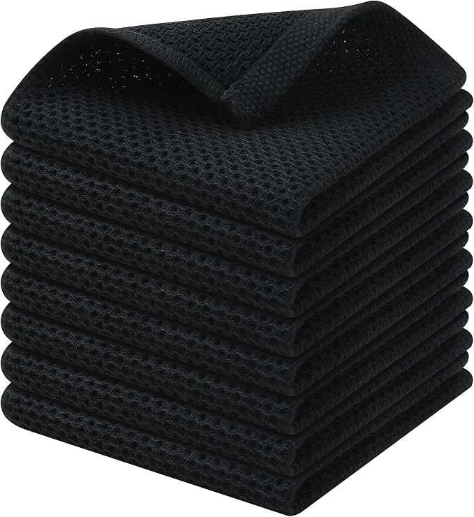 Kitinjoy 100% Cotton Waffle 8-Pack Kitchen Towels, 12" x 12", Black | Ultra Absorbent, Super Soft, lightweight, Quick Drying Dish Rags for Washing Dishes