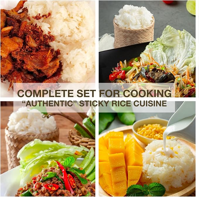 Sticky Rice Essential Starter Set - Includes Steamer Pot, Handcrafted Bamboo Wing Basket, 24” Grade 90 Cheesecloth & 500g. Premium Thai Sticky Rice