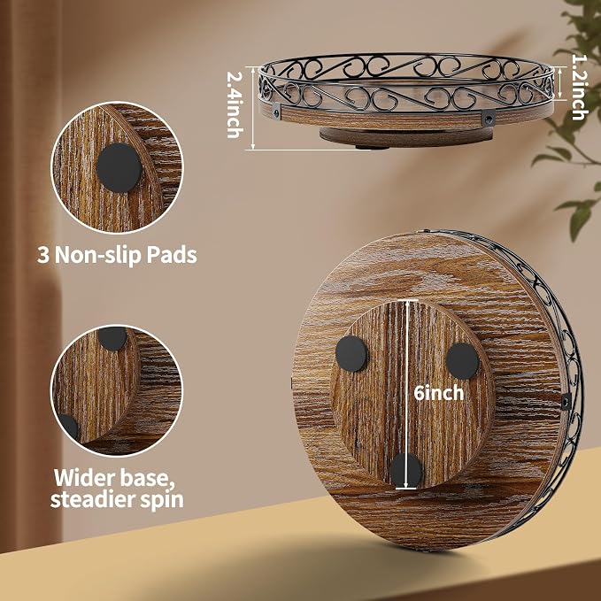 10" Lazy Susan Turntable Organizer for Table Top, Wooden Lazy Susan Cabinet | Farmhouse Rotating Decor Tray for Dining Table, Pantry, Kitchen Countertop, Spice, Bathroom Vanity, Round Patterned Rim,Brown