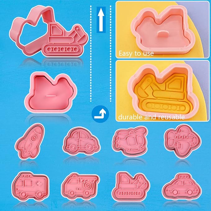 8 Piece Transportation Vehicle Cookie Cutters With Plunger Stamper | Transportation Theme Embossing Cutter For Fondant Biscuit Pastry Cheese Baking