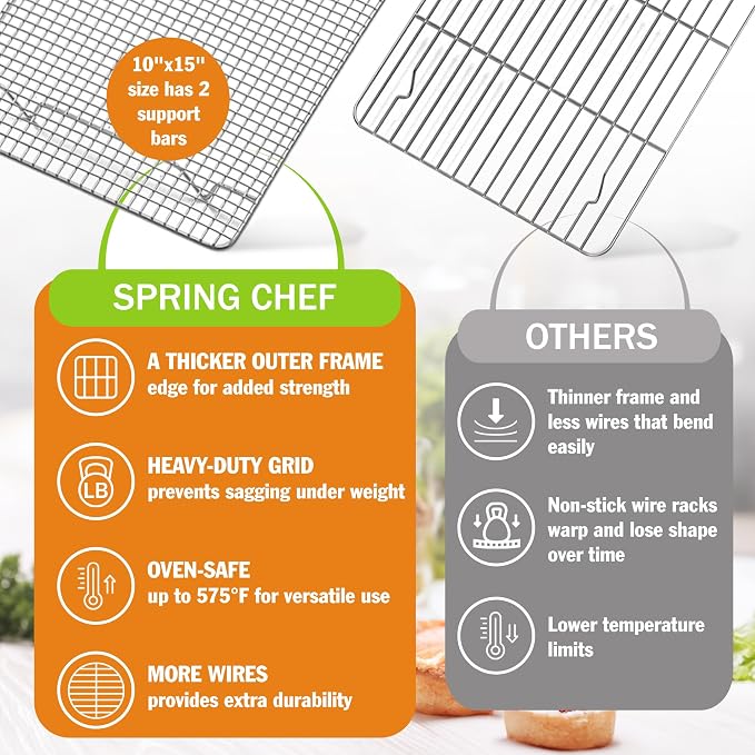 Spring Chef 10" x 15" Stainless Steel Cooling Rack for Baking, Set of 2 | Heavy Duty Cookie Cooling Rack for Kitchen, Oven Safe Wire Rack for Baking, Fits Jelly Roll Pan, Dishwasher Safe