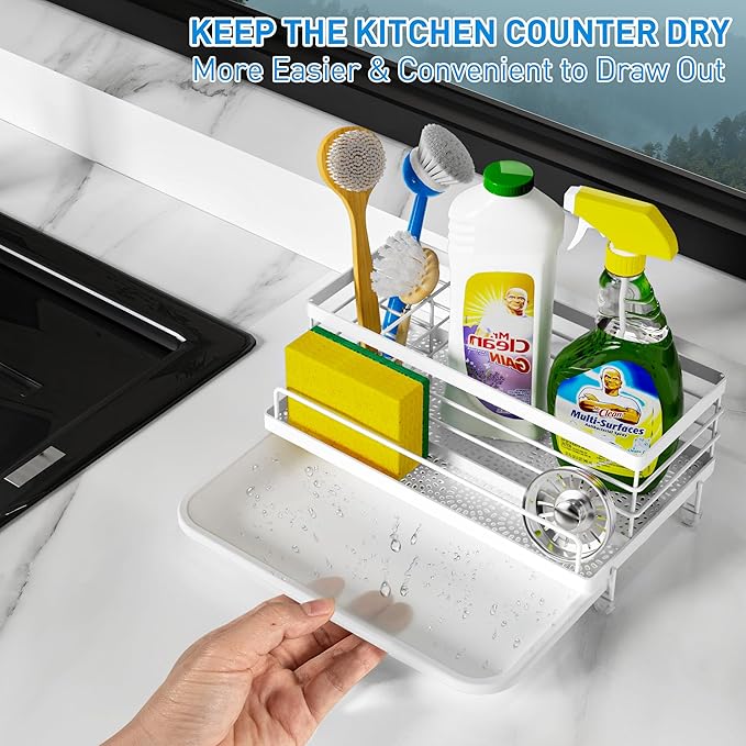 Cisily Sponge Holder for Kitchen, Sink Caddy Organizer, Kitchen Sink Accessories with Drip Tray, Rustproof and Non-slip Kitchen Sink Sponge Holder (White)