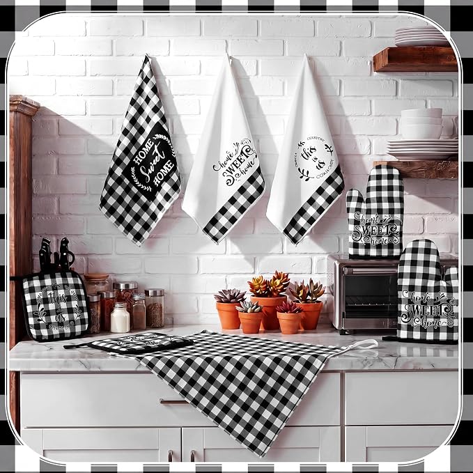 Leinuosen 8 Pcs Black White Plaid Kitchen Towels and Dishcloths Sets Pot Holders and Oven Mitts Sets Absorbent Kitchen Gloves Potholders Heat Resistant for Chef Baking Cooking