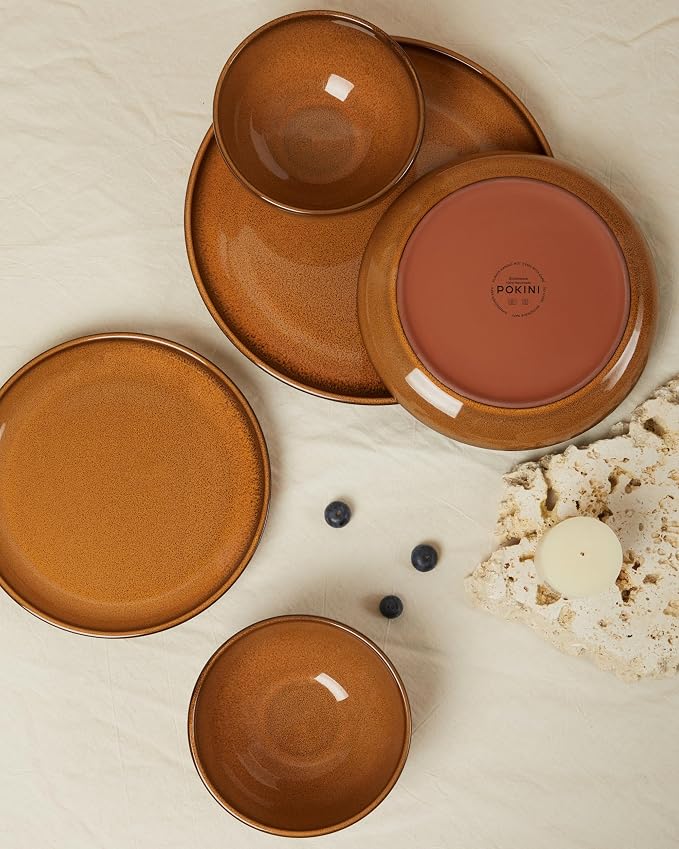 Santorini Mist Terracotta Reactive Glaze Plates and Bowls Sets, Stoneware Dinnerware Sets, Microwave and Dishwasher Safe Ceramic Dish Set Service for 4, Caramel Brown